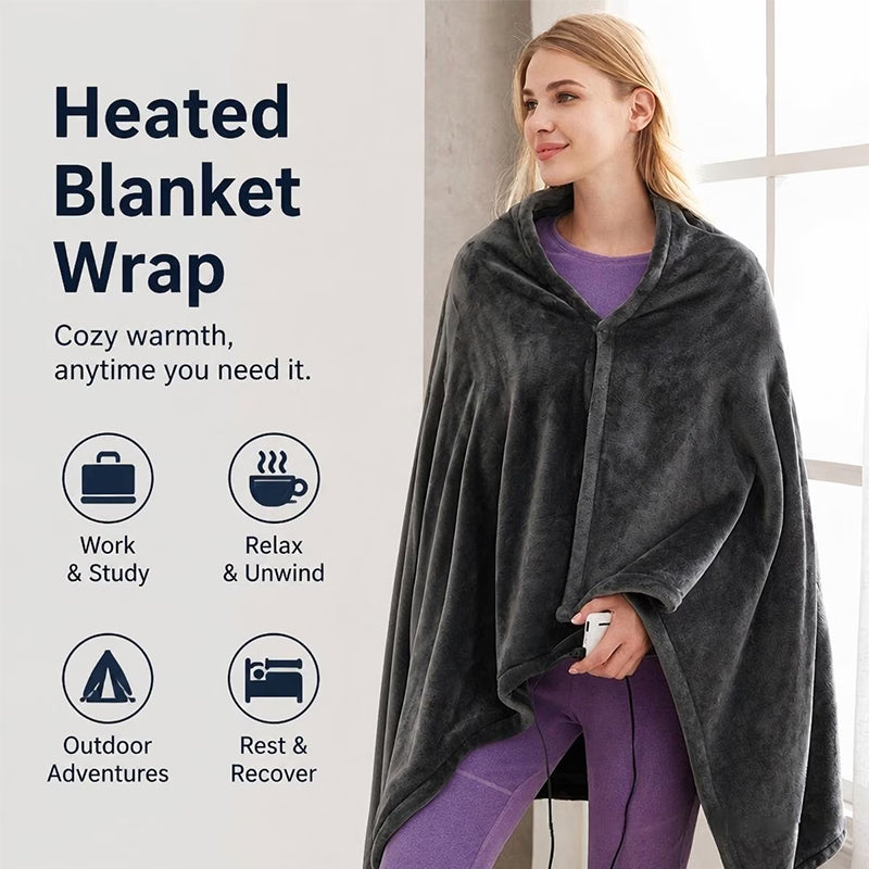 Coral Velvet Heated Blanket Shawl – USB Fast Heating, 3 Levels, 8 Heating Areas, Wearable Heating Mat for Home